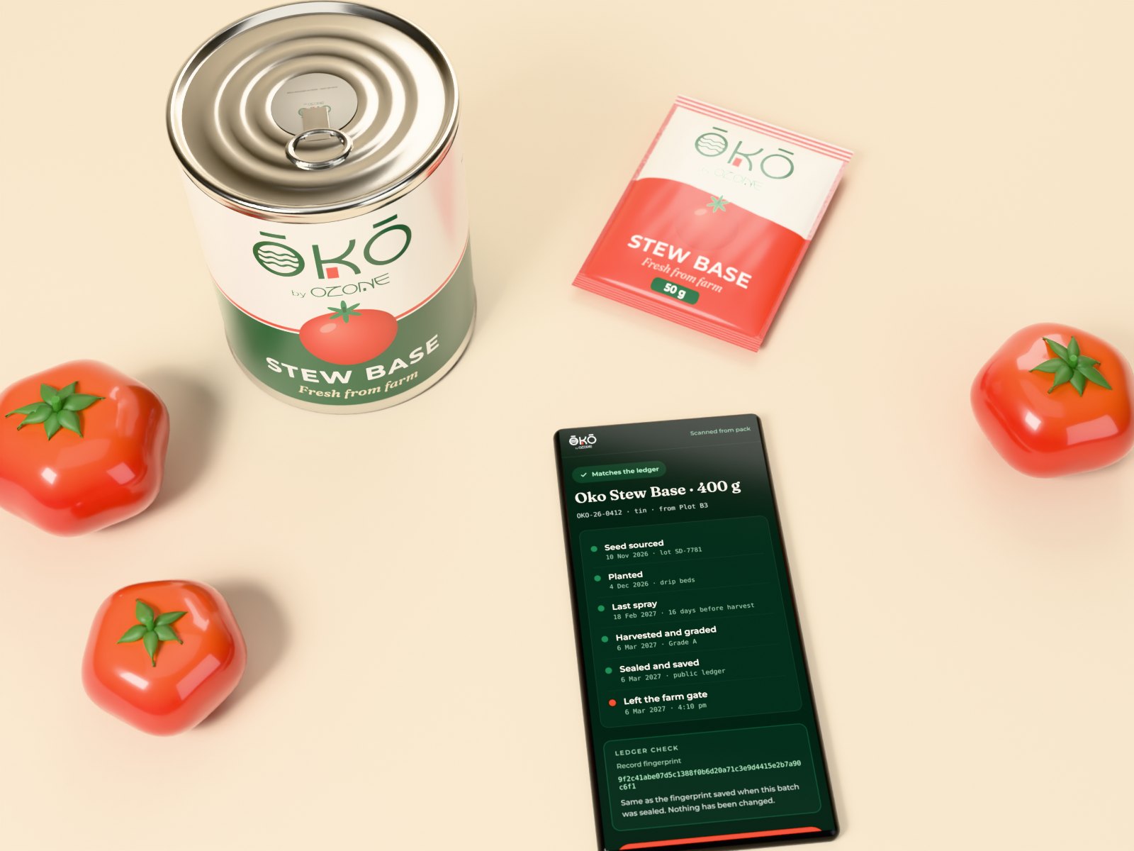 Scanning an Oko Stew Base tin shows the batch journey on a phone